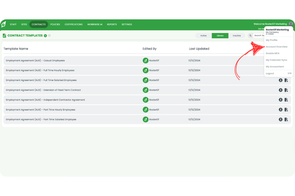 RosterElf user dropdown menu open showing Account Overview, with a red arrow highlighting the option to access subscription settings