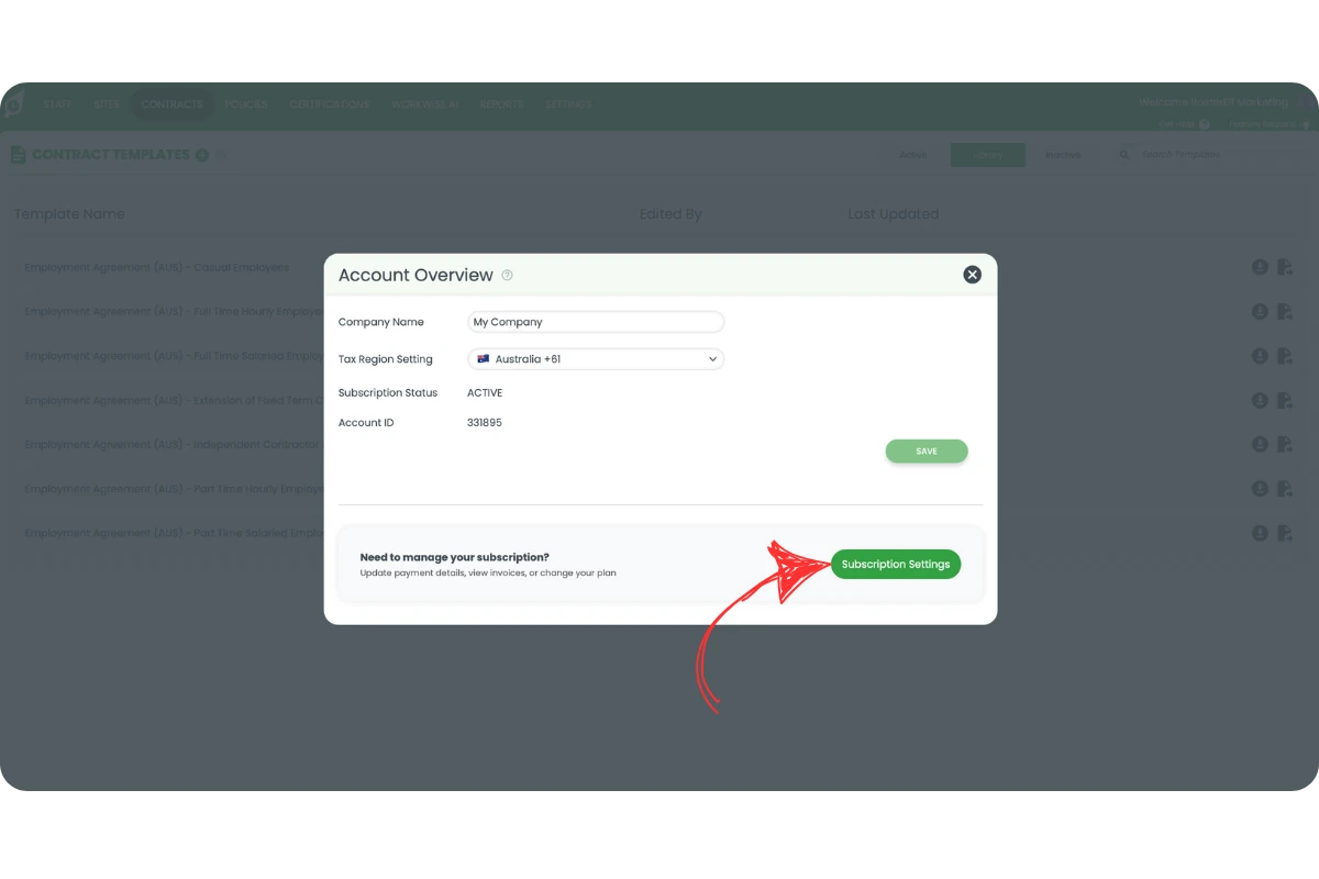 RosterElf Account Overview modal showing company details and subscription status, with a red arrow pointing to the Subscription Settings button