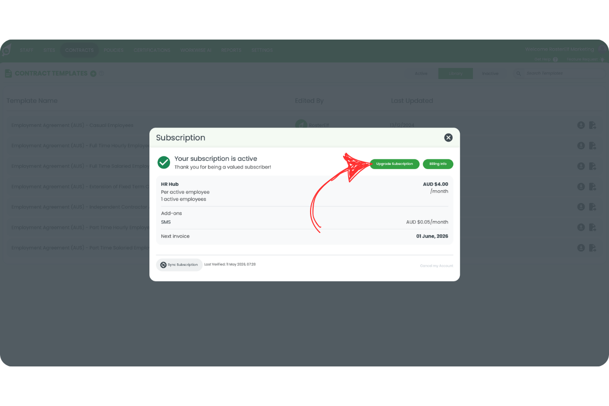 RosterElf Subscription modal showing the active annual plan details with a red arrow pointing to the Upgrade Subscription button