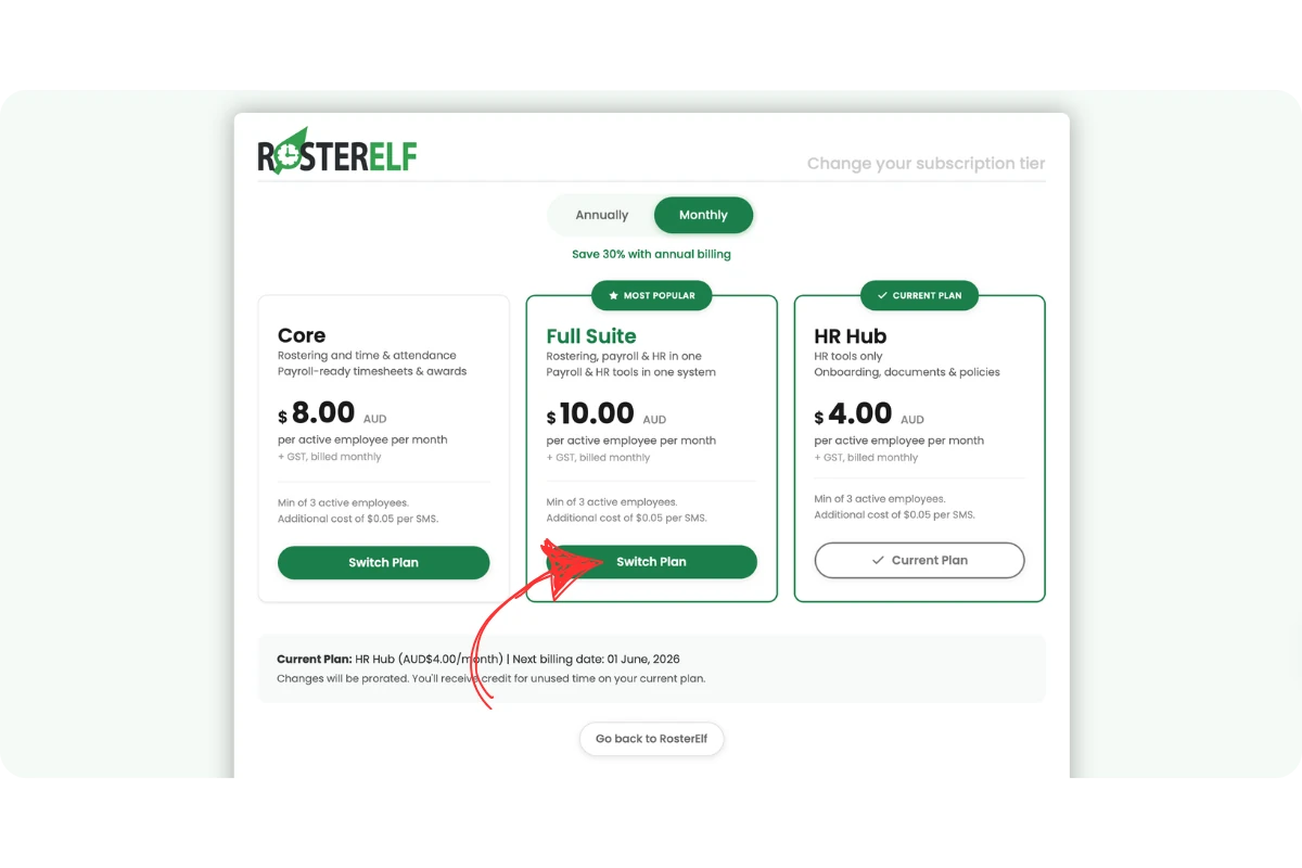 RosterElf change subscription tier page showing Core, Full Suite, and HR Hub plan options. HR Hub is the current plan. A red arrow points to the Switch Plan button on the Full Suite card.