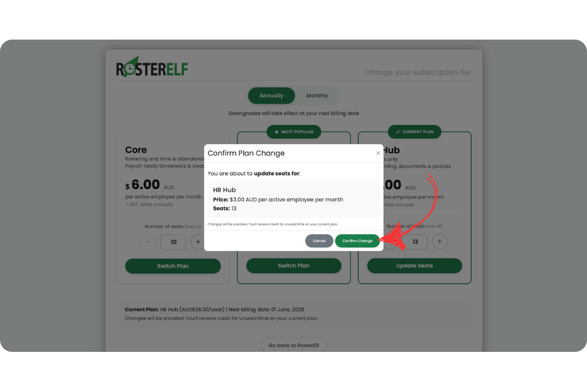 RosterElf Confirm Plan Change dialog showing the annual seat count being increased to 13 for HR Hub at $3 AUD per active employee per month, with a green Confirm Change button highlighted