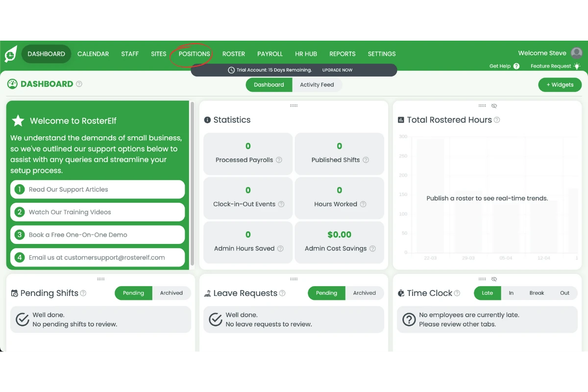 RosterElf Positions tab where job roles are managed