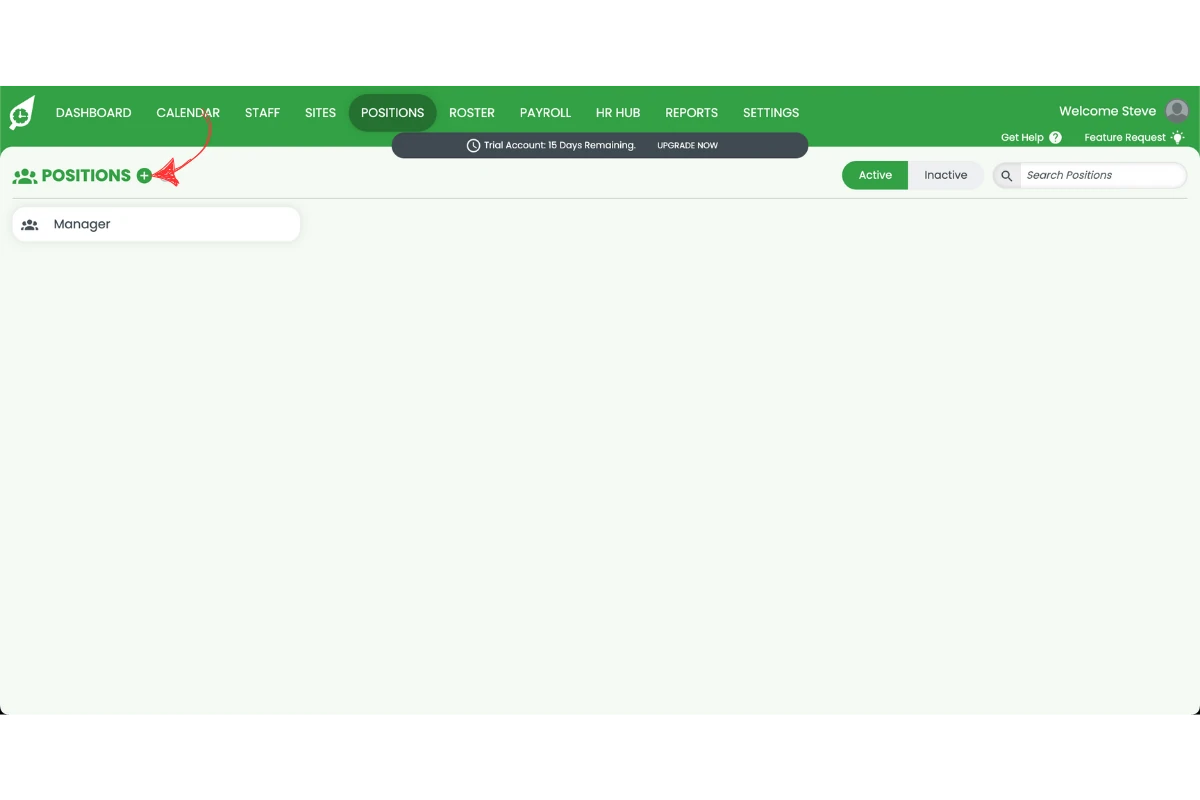 RosterElf Positions tab with the plus button to add a new position