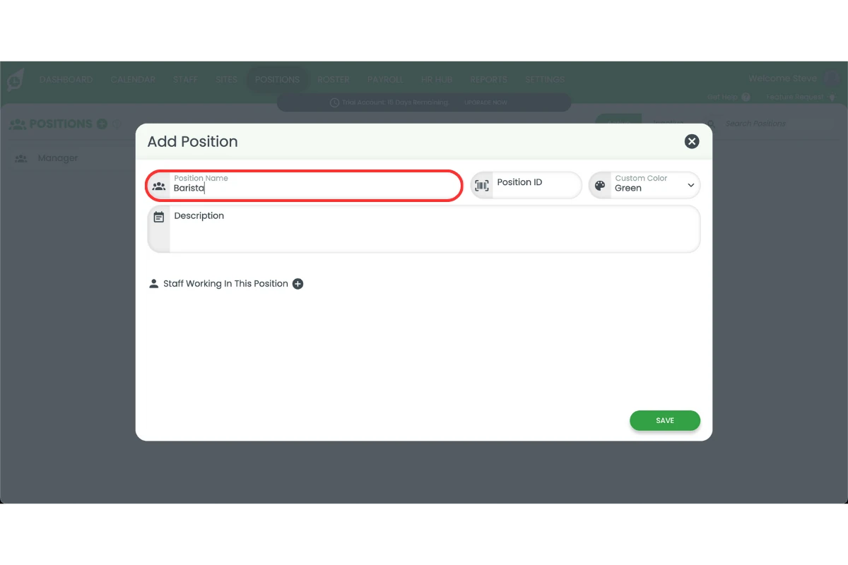 RosterElf new position form with the position name field