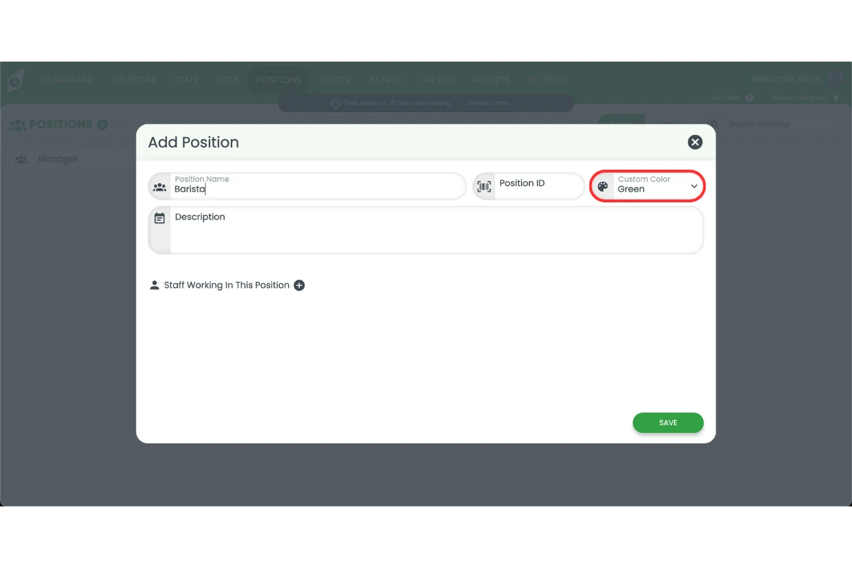 RosterElf new position form showing the position colour selector