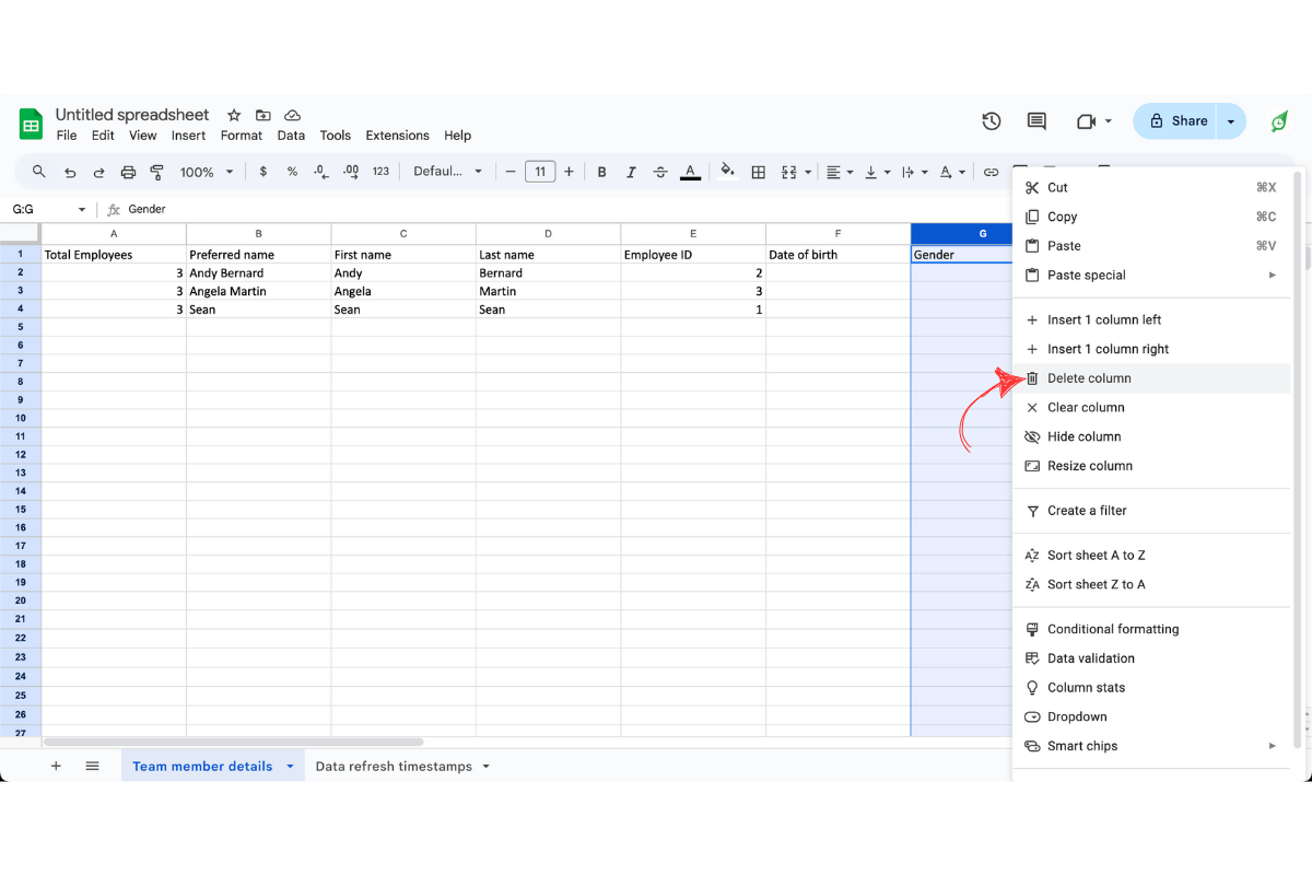 Excel file with columns