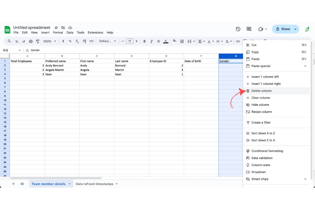 Exported Deputy staff spreadsheet open in Excel showing the columns