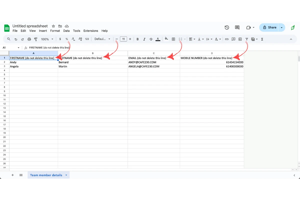 Excel spreadsheet with columns renamed to match the RosterElf import format