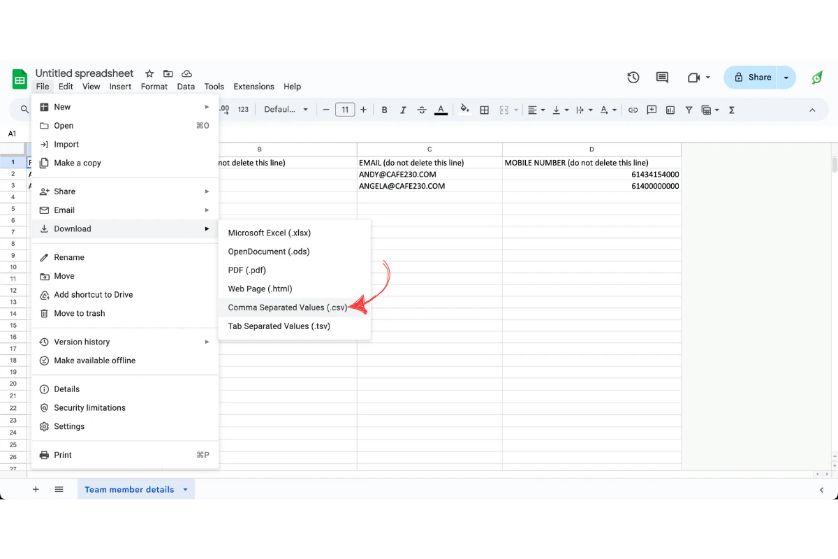 Excel Save As dialog exporting the staff file as CSV