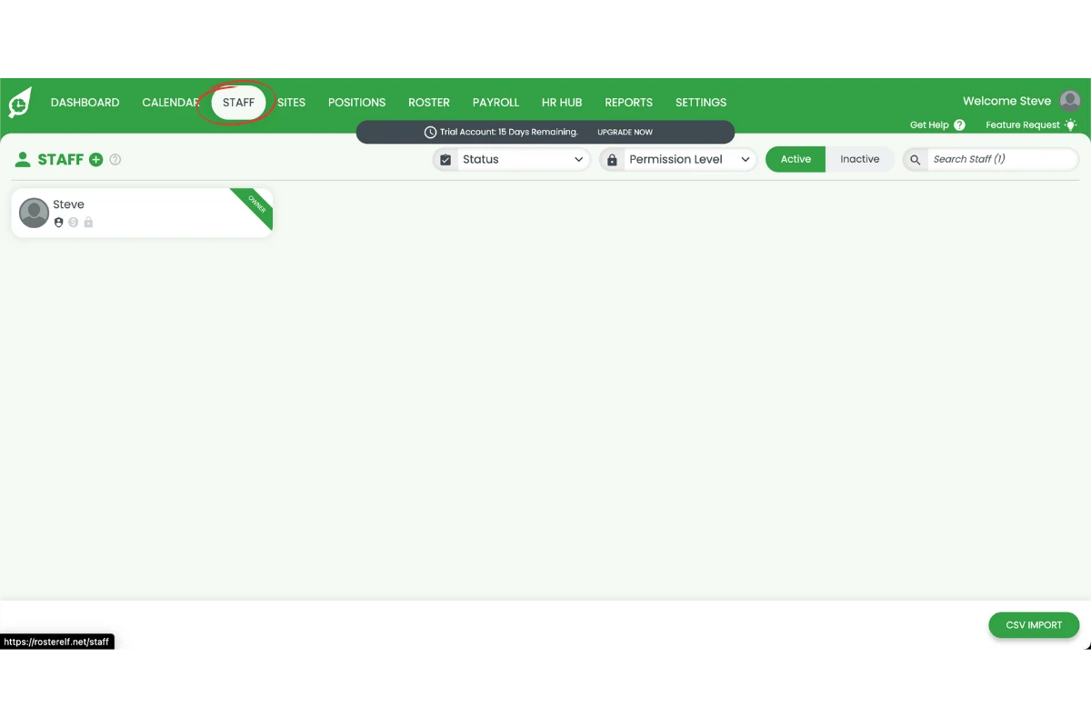 RosterElf Staff tab where the imported staff list appears