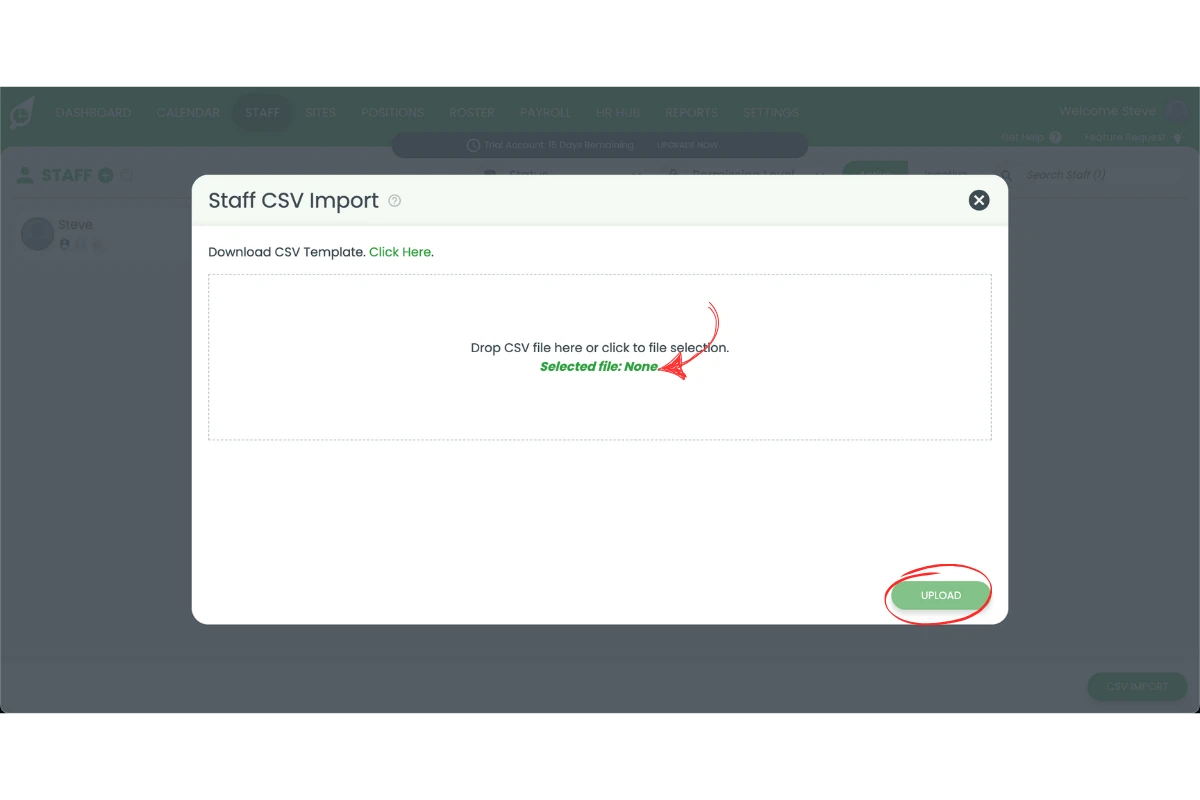 RosterElf CSV import screen for uploading the prepared staff file