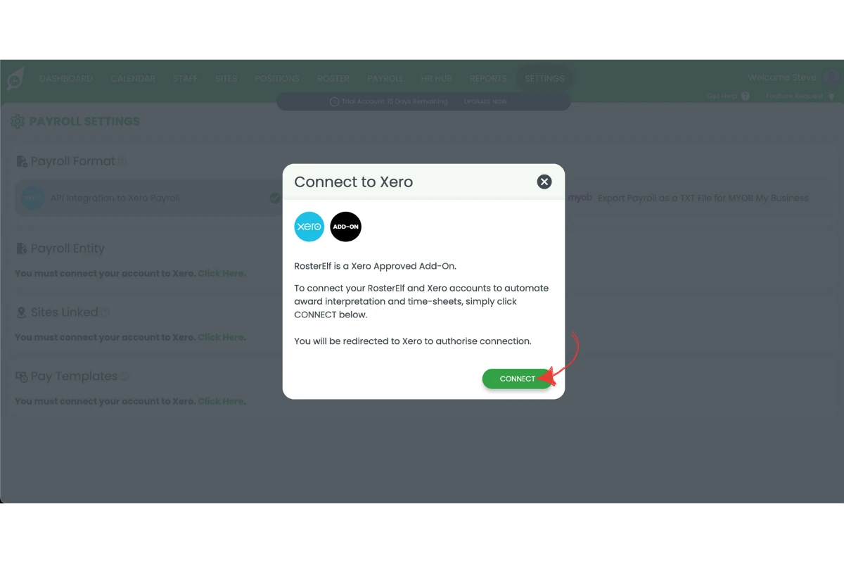 RosterElf Xero connection prompts to finish linking payroll