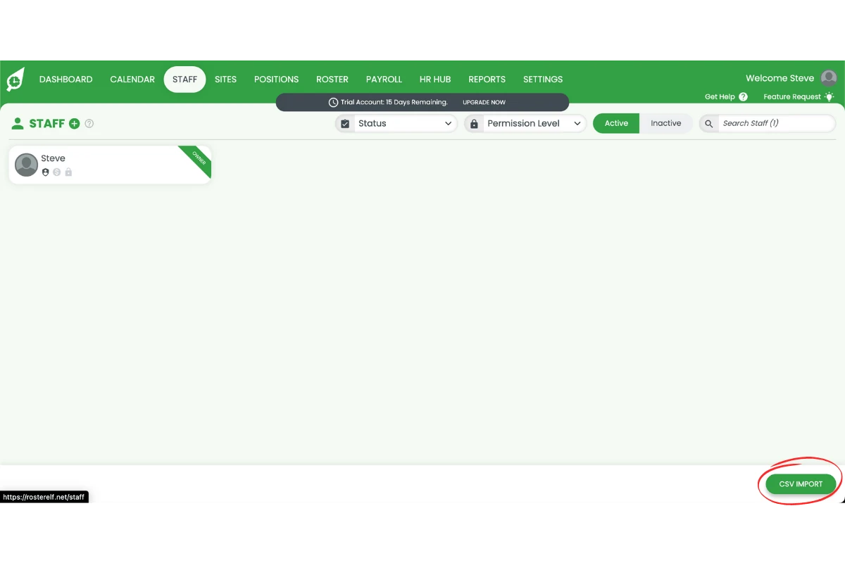 RosterElf Staff tab with the CSV import option selected