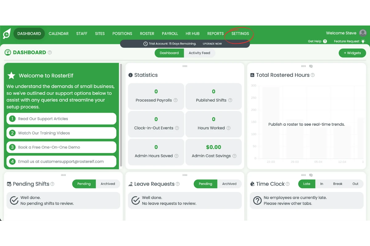 RosterElf Settings menu used to reach payroll options