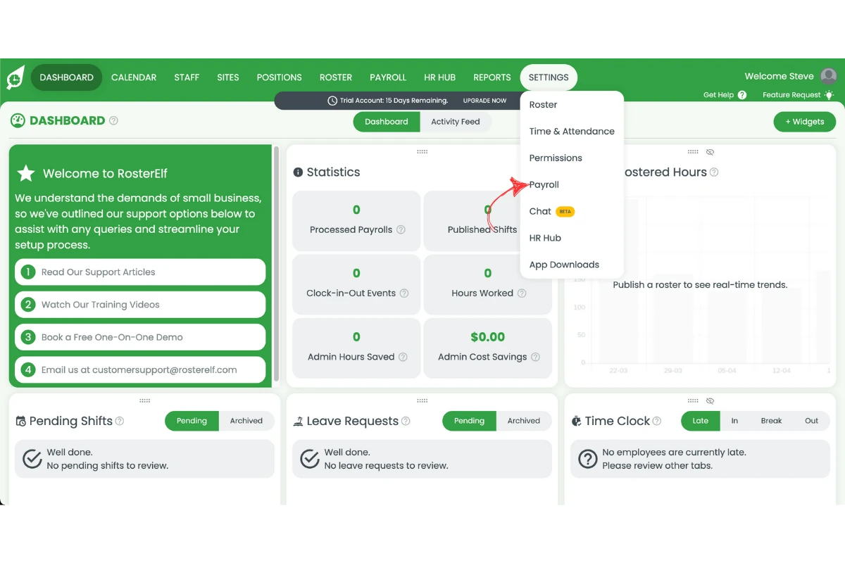 RosterElf Payroll settings page under Settings