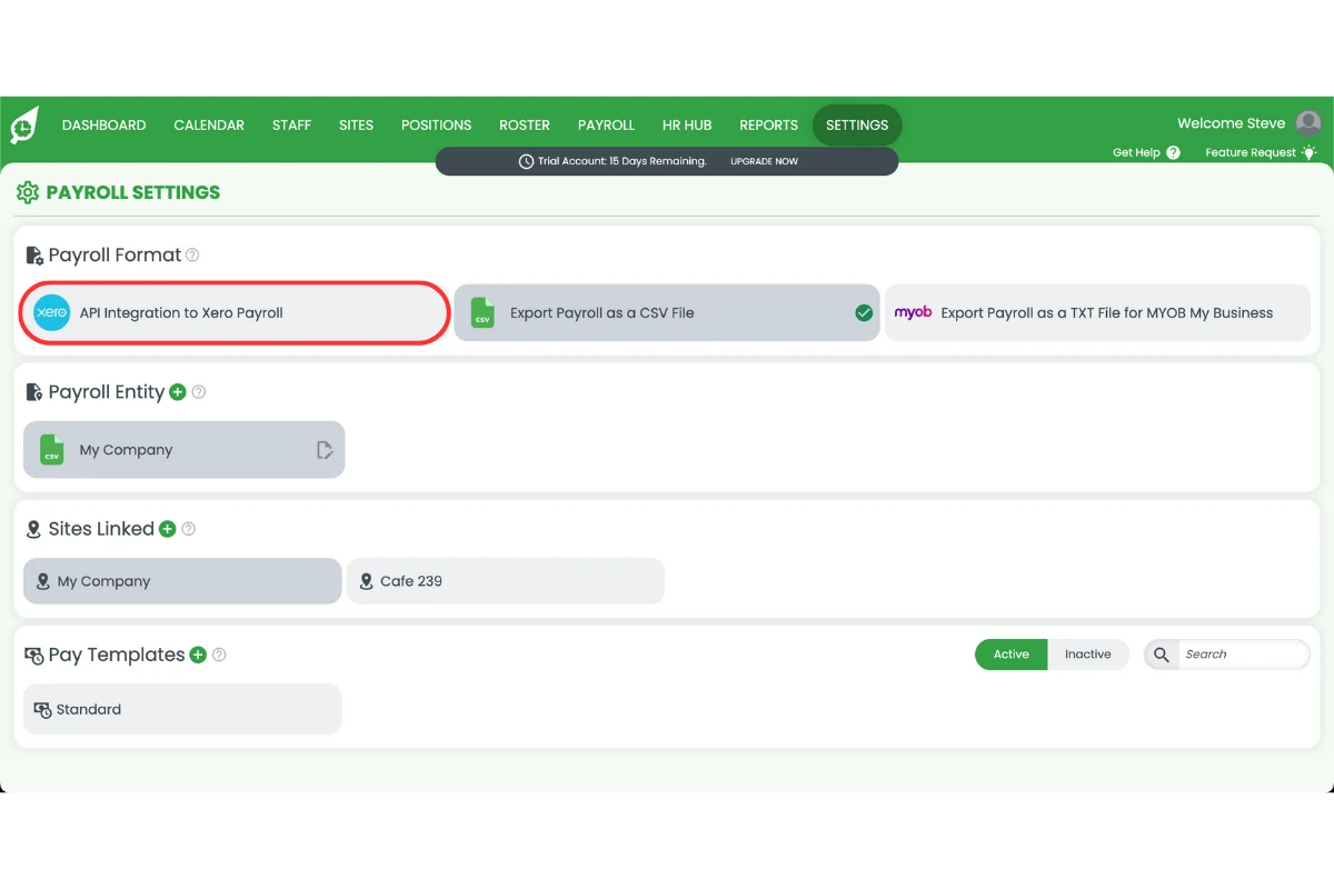 RosterElf payroll settings with the Xero API Connection option