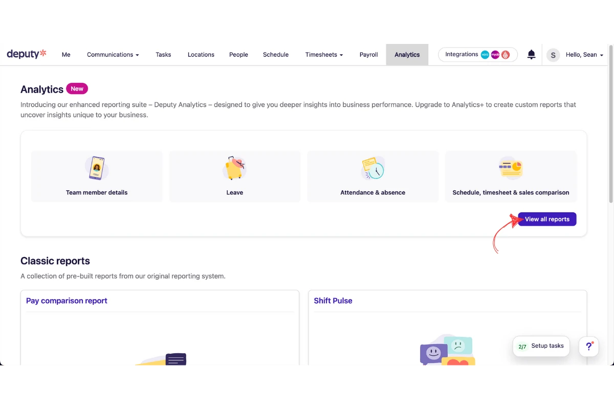 Deputy Analytics screen with the View all reports button