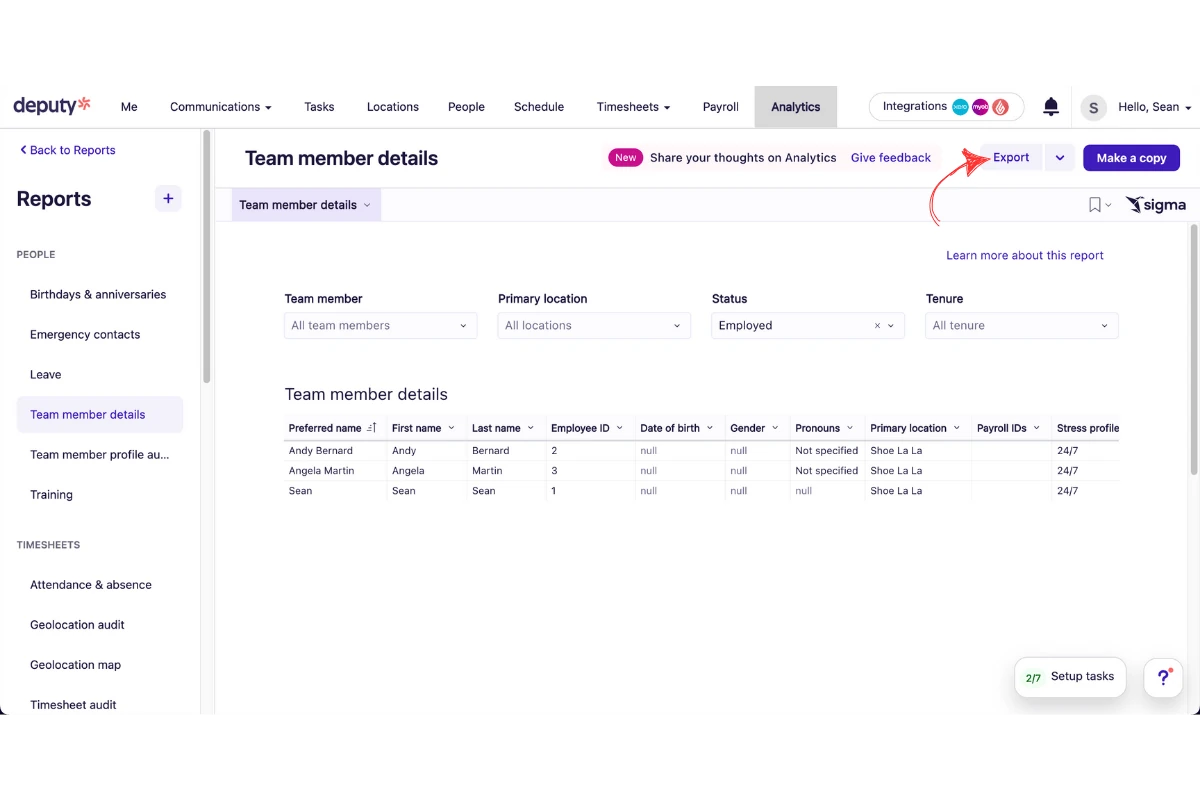 Deputy export dialog with Excel format selected