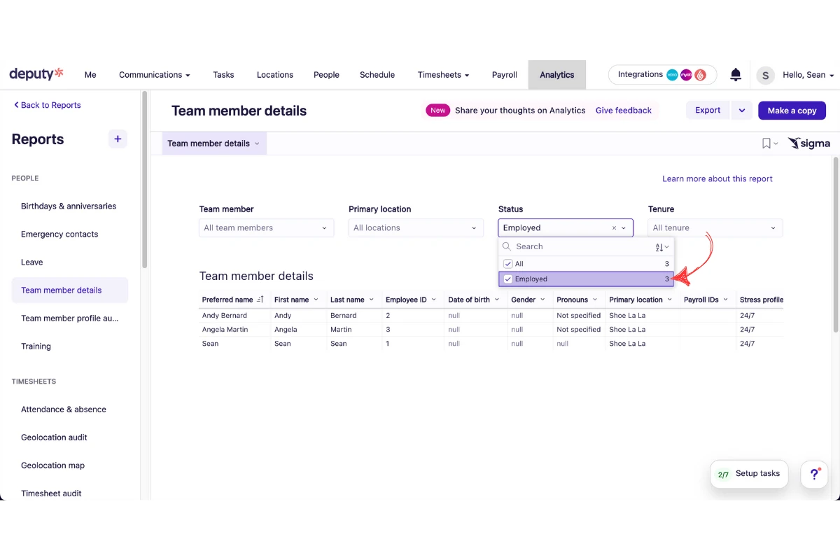 Deputy report filter with employee status set to Employed