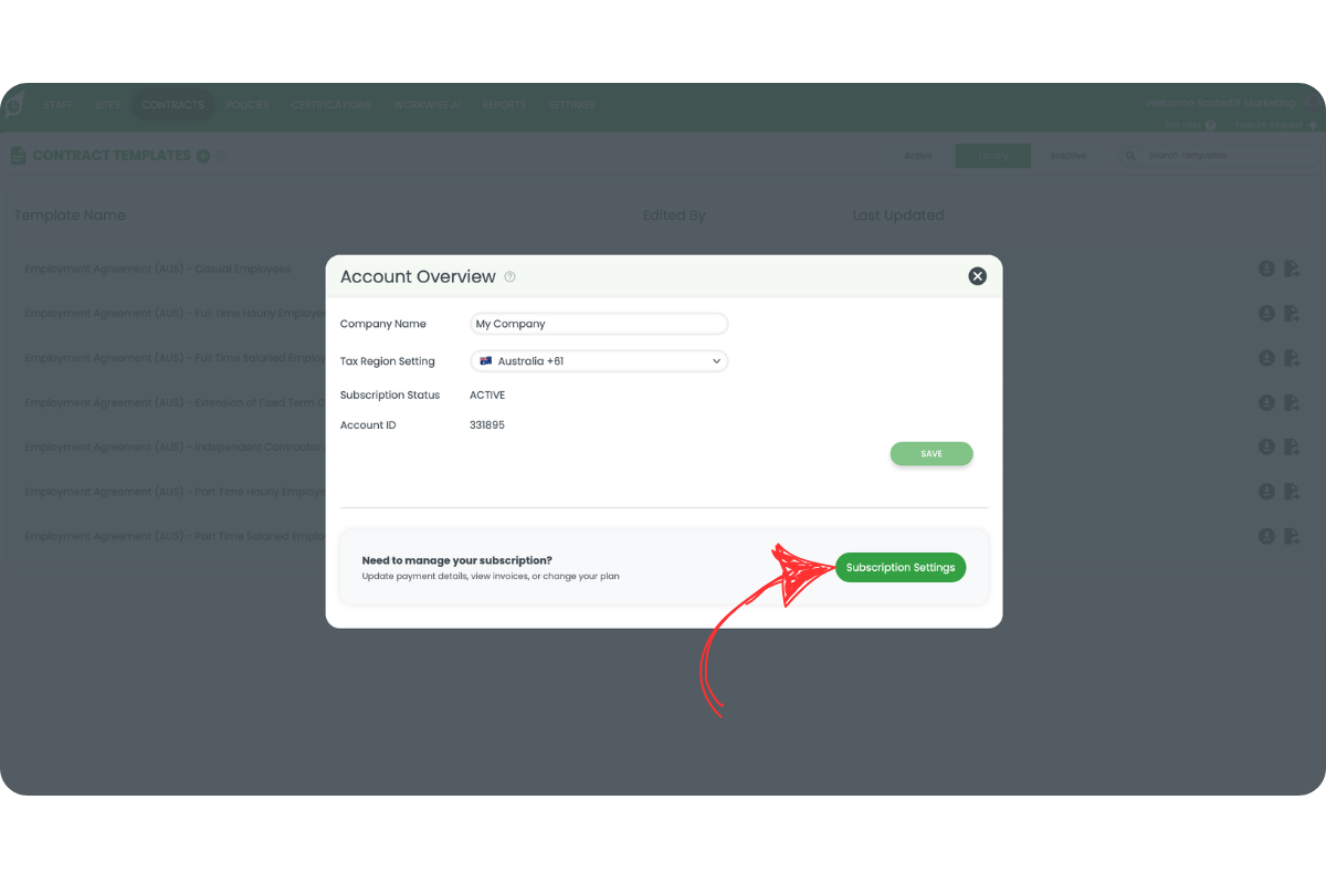 RosterElf Account Overview modal showing company name and current subscription status, with a red arrow pointing to the Subscription Settings button to manage the monthly plan