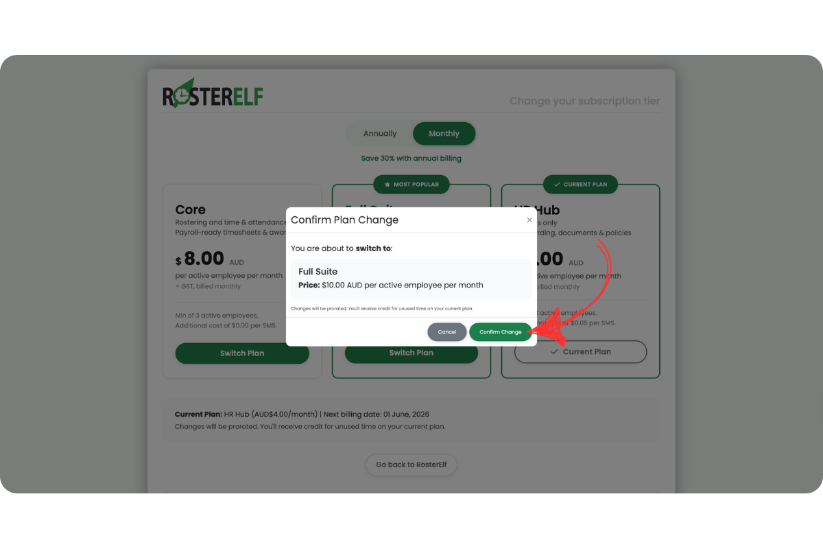 RosterElf Confirm Plan Change dialog showing the monthly subscription being upgraded to Full Suite at $10 AUD per active employee per month, with a prorated billing note and a green Confirm Change button