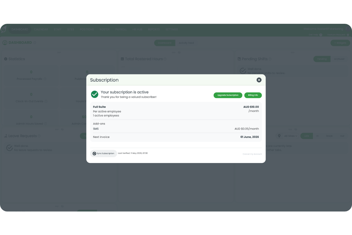 RosterElf Subscription modal confirming the monthly plan has been successfully upgraded to Full Suite at AUD $10 per active employee per month