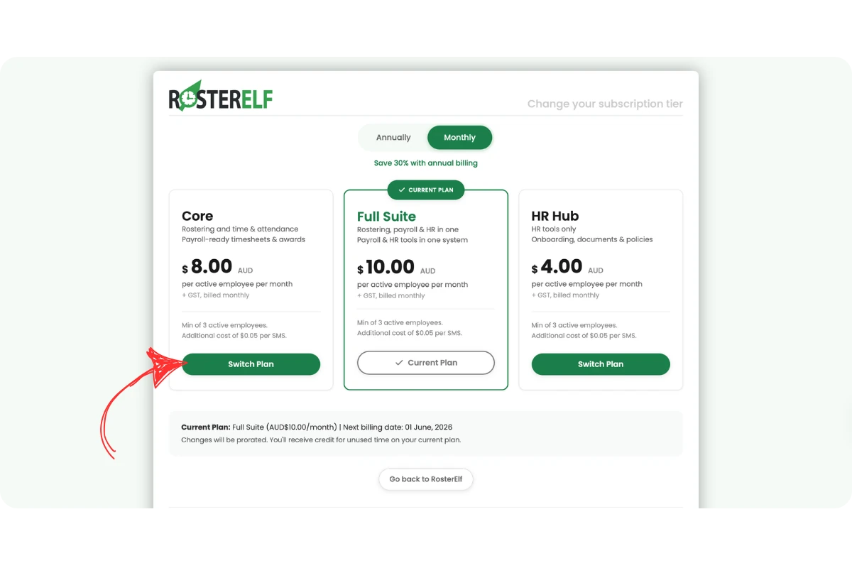 RosterElf change subscription tier page with Monthly tab selected, showing Core, Full Suite, and HR Hub plan options. Full Suite is the current plan. A red arrow points to the Switch Plan button on the Core card to downgrade the monthly subscription.
