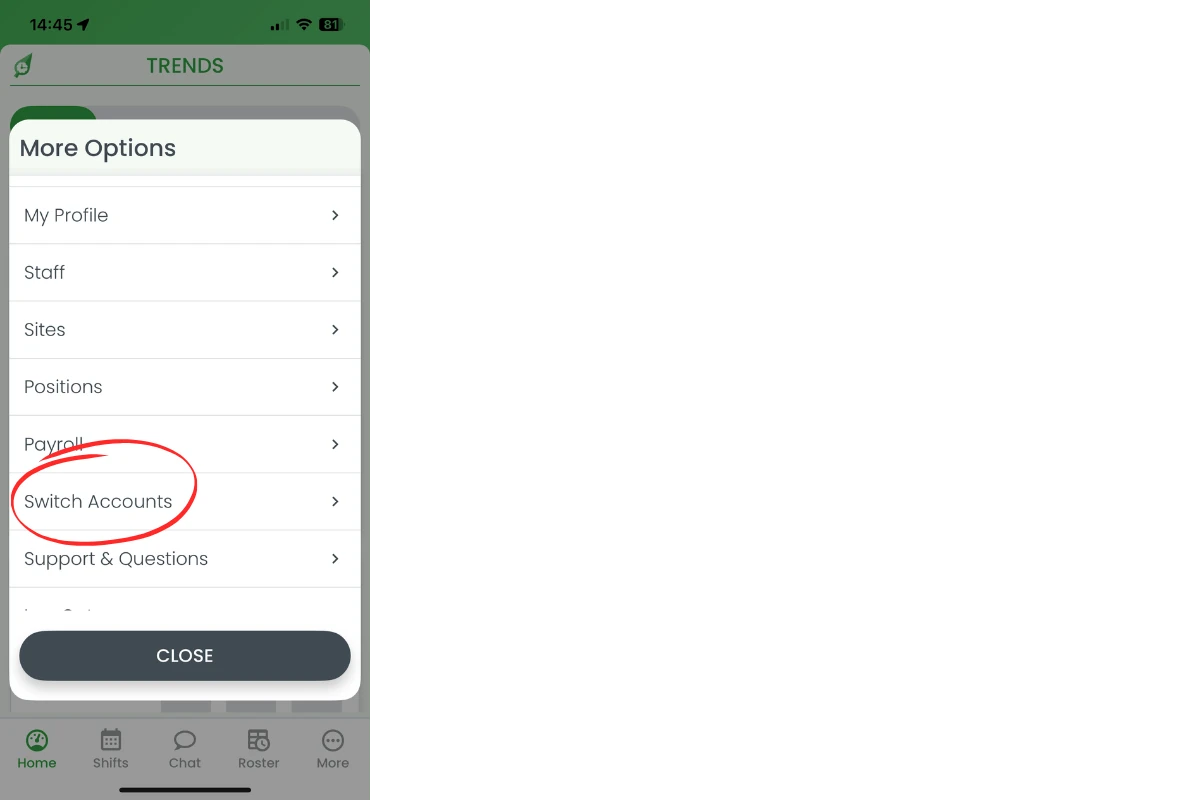 Switch Accounts option in RosterElf More menu