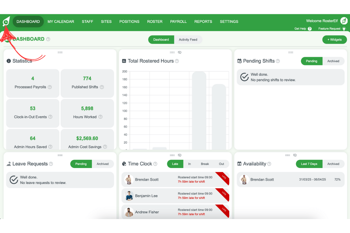 Screenshot highlighting the RosterElf logo used to switch accounts