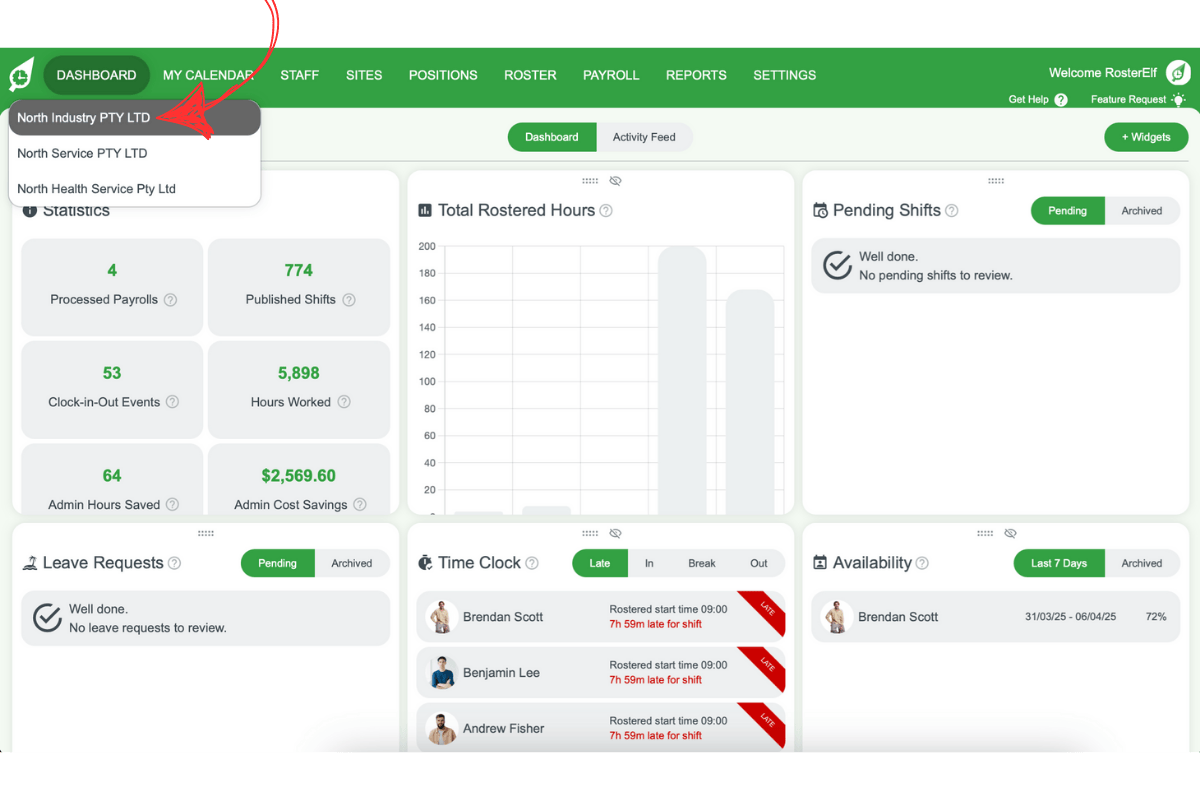 Screenshot showing a list of linked RosterElf accounts in dropdown menu