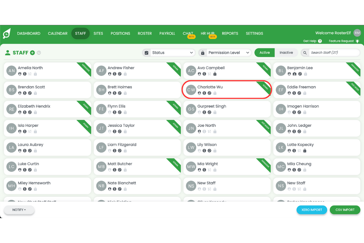 Staff member selected from the staff list