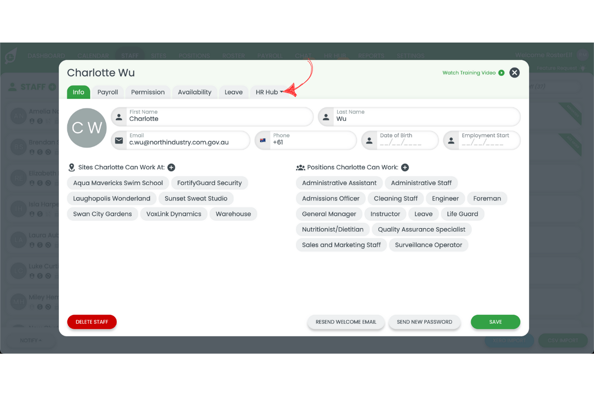 HR Hub dropdown menu in the staff profile