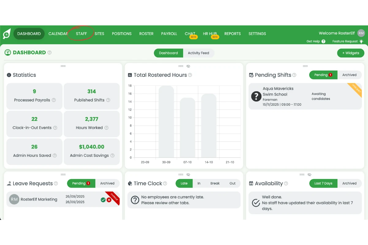 Staff tab in the top navigation menu