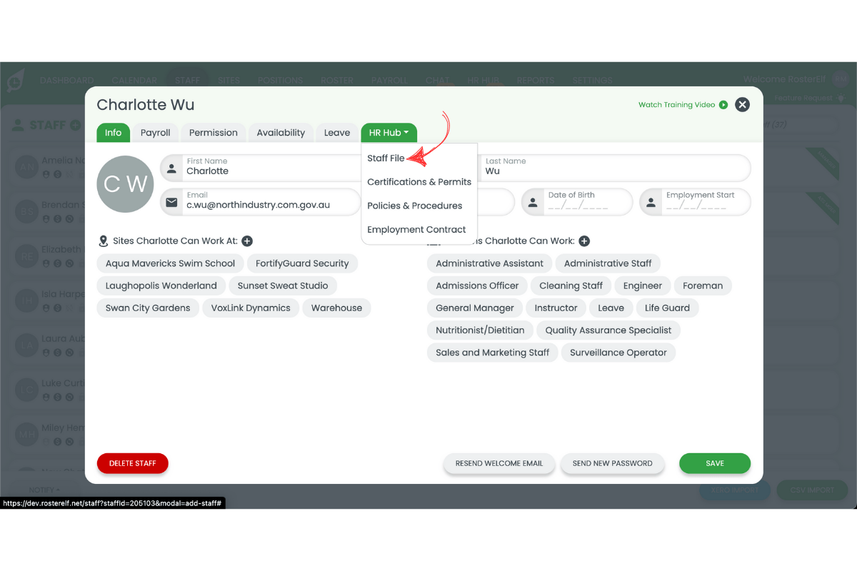 Staff File option in the HR Hub dropdown