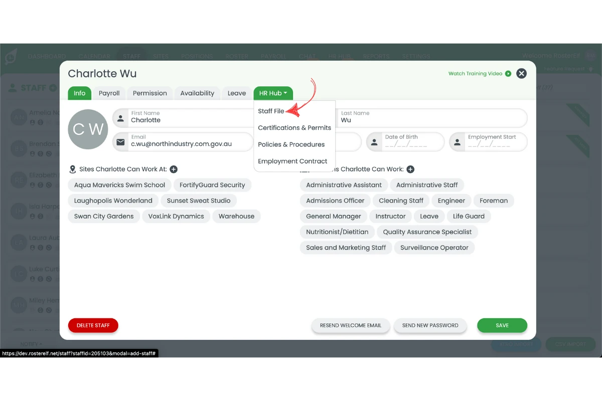 Staff File option in the HR Hub dropdown