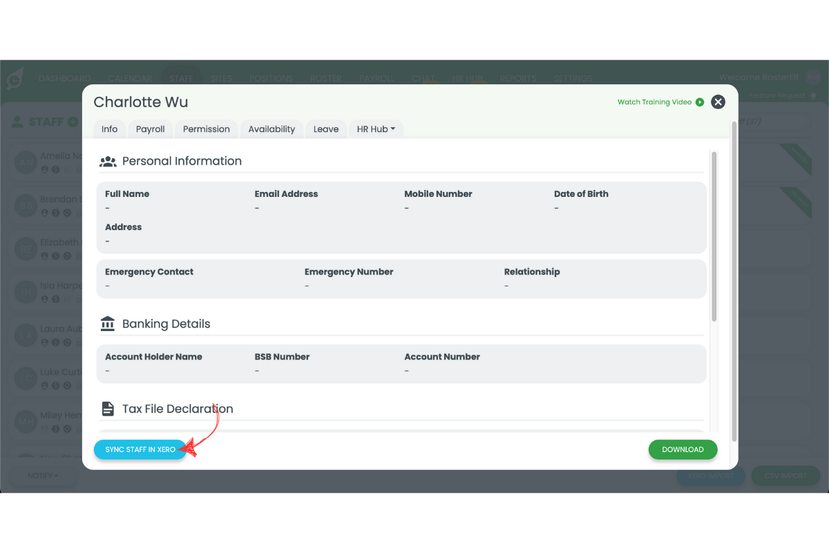 Send to Xero button to export staff details