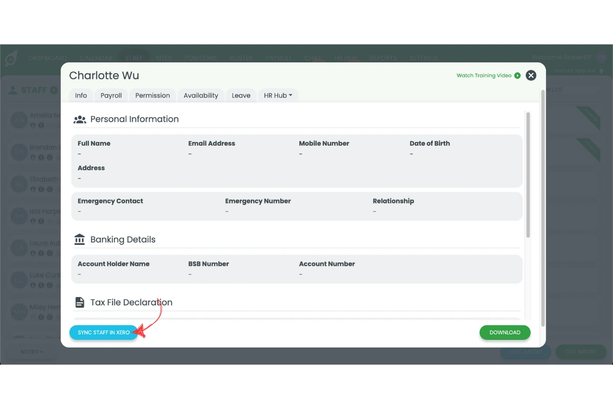 Send to Xero button to export staff details