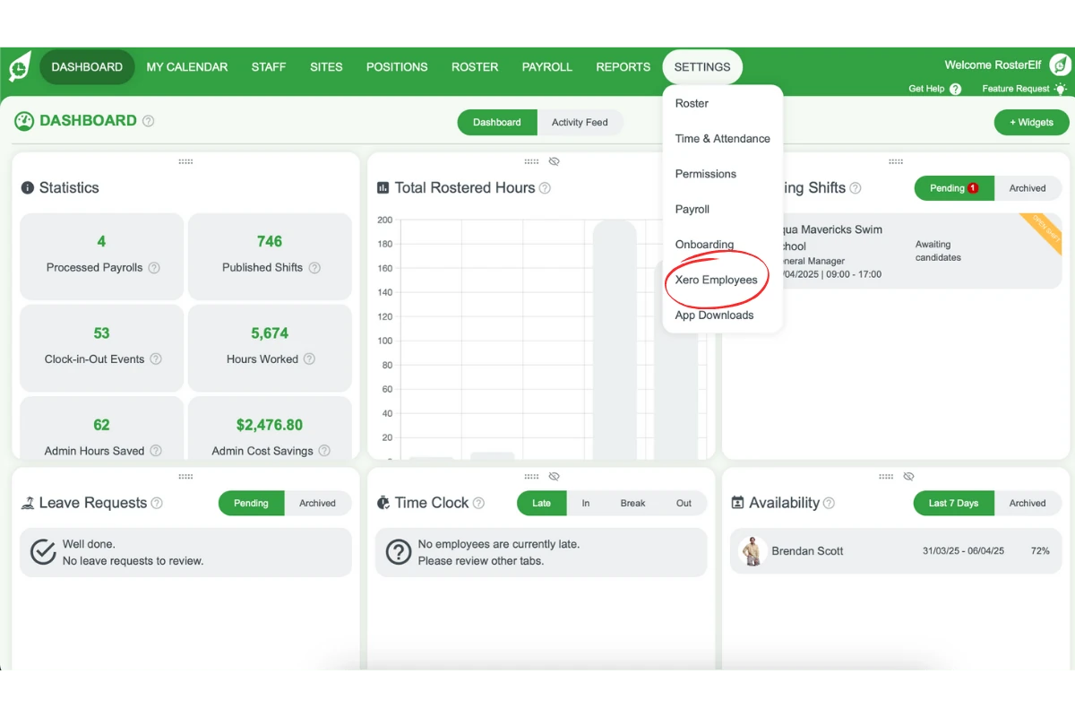 RosterElf Xero Employees page opened from the Settings menu