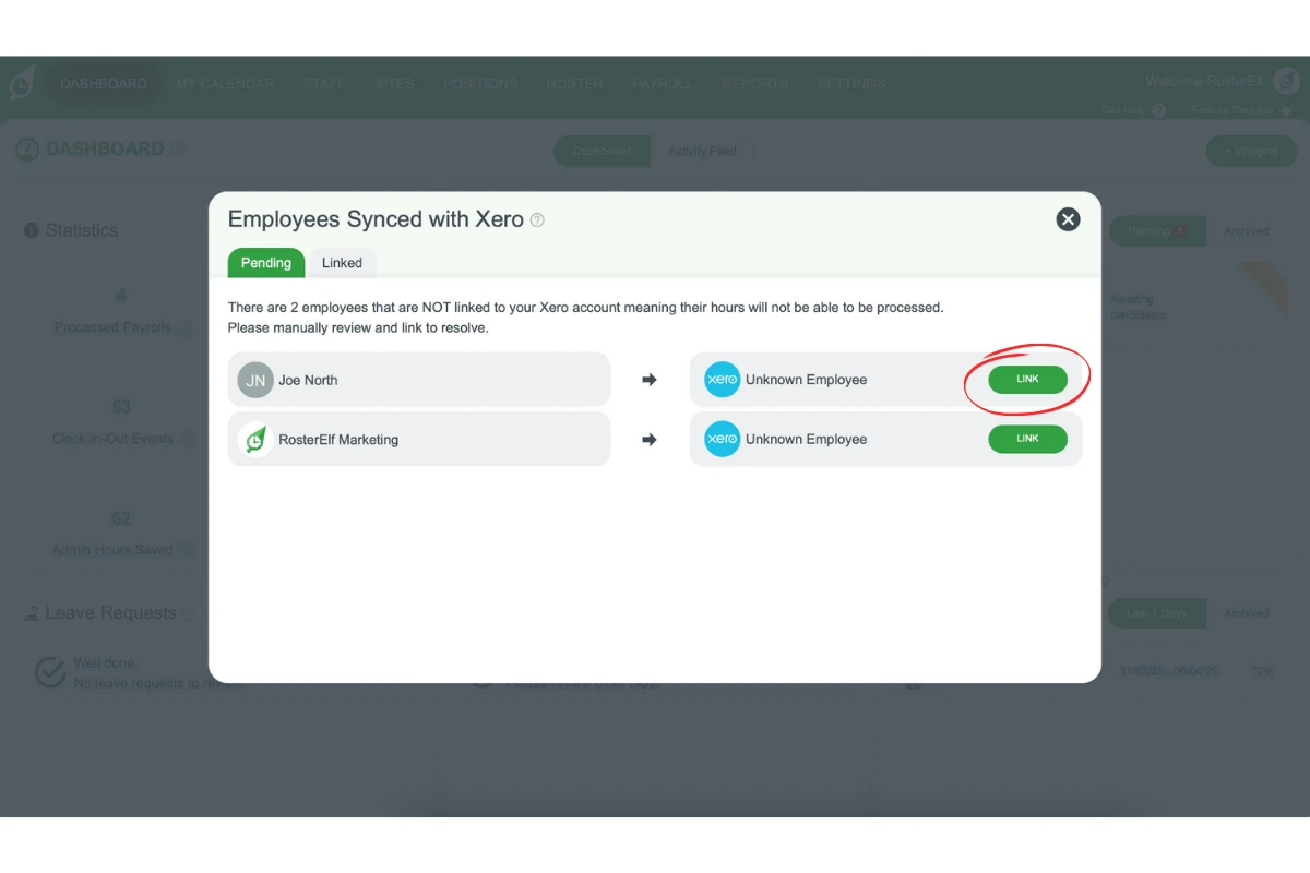 Screenshot highlighting the Link button for pending staff in staff management interface