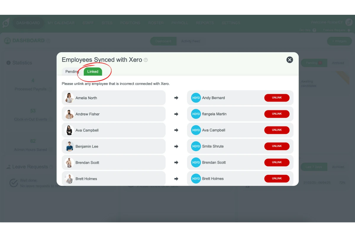 Screenshot of the Linked tab under Xero Employees in staff management interface