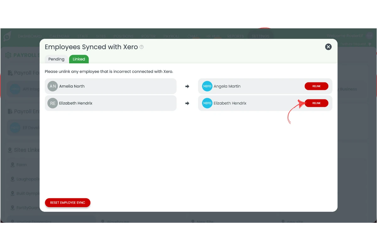 Staff management interface in RosterElf showing relink option