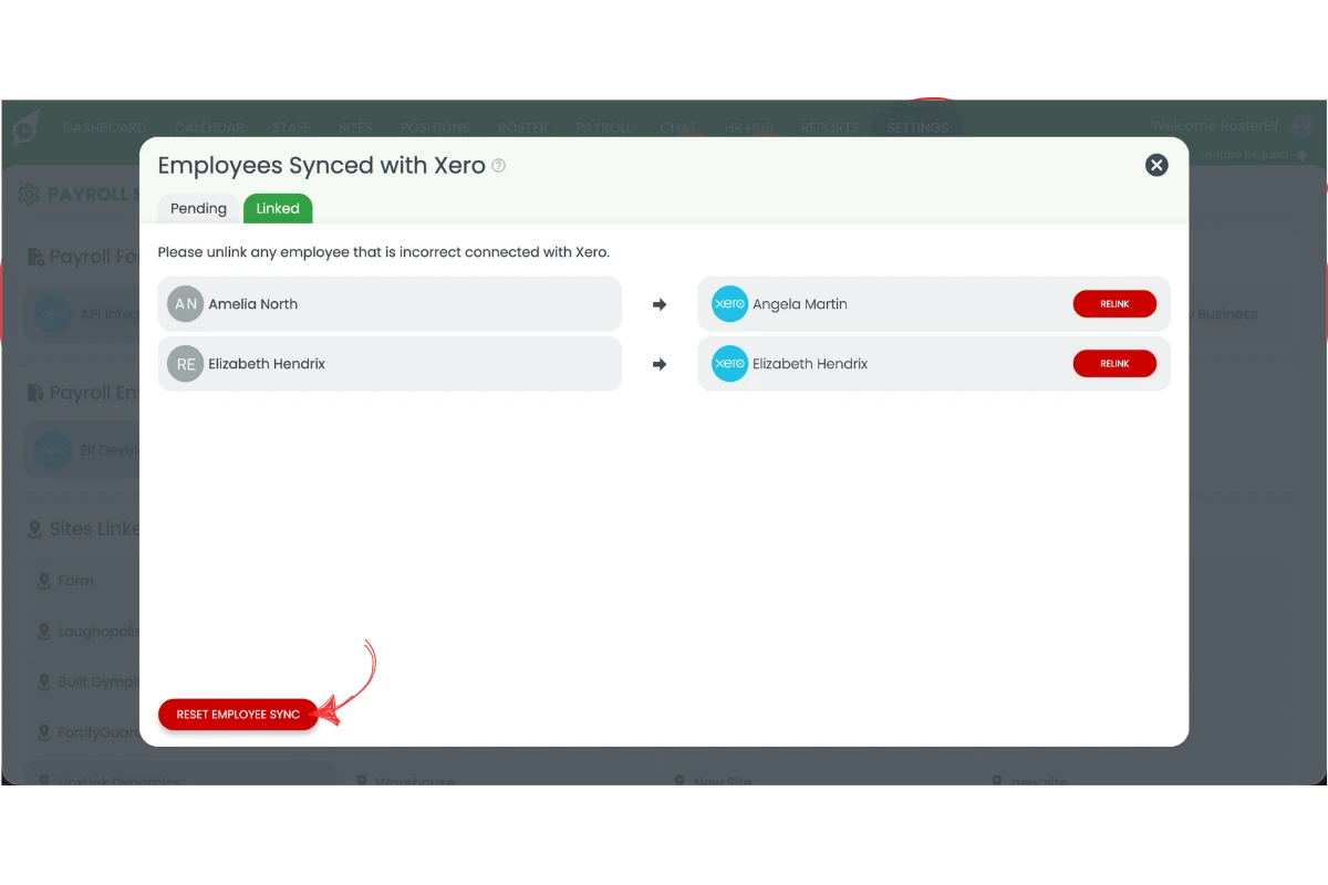 Staff management interface in RosterElf showing reset employee sync button