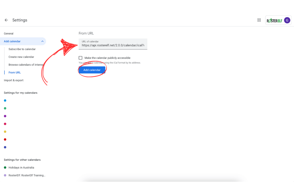Paste RosterElf URL and Add calendar button in Google Calendar