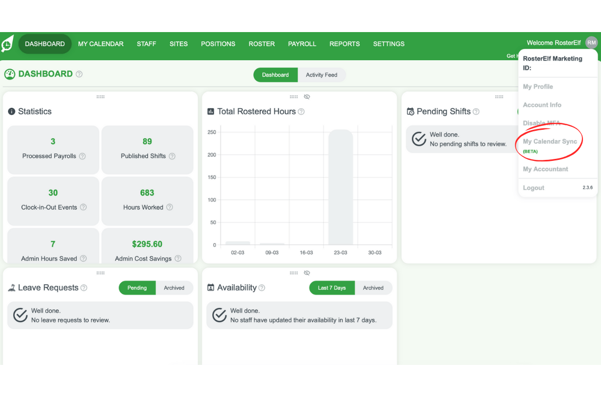 My Calendar Sync option in the user profile menu