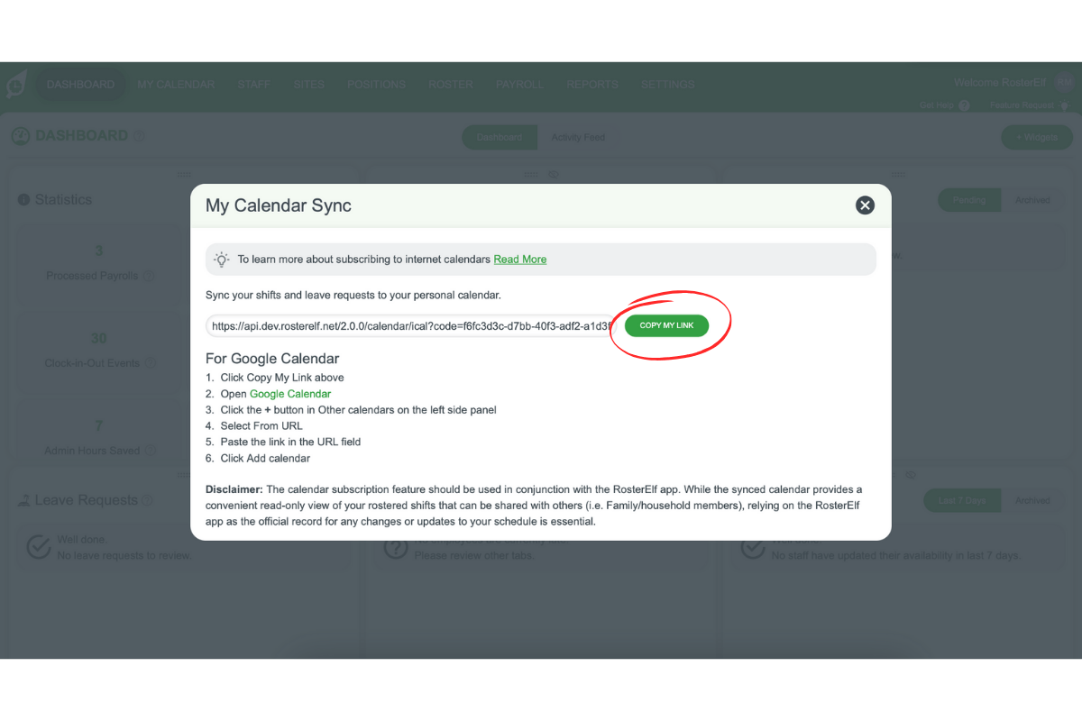 Copy my link button in the Calendar Sync pop-up
