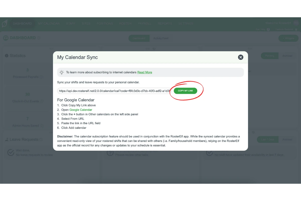 Copy my link button in the Calendar Sync pop-up