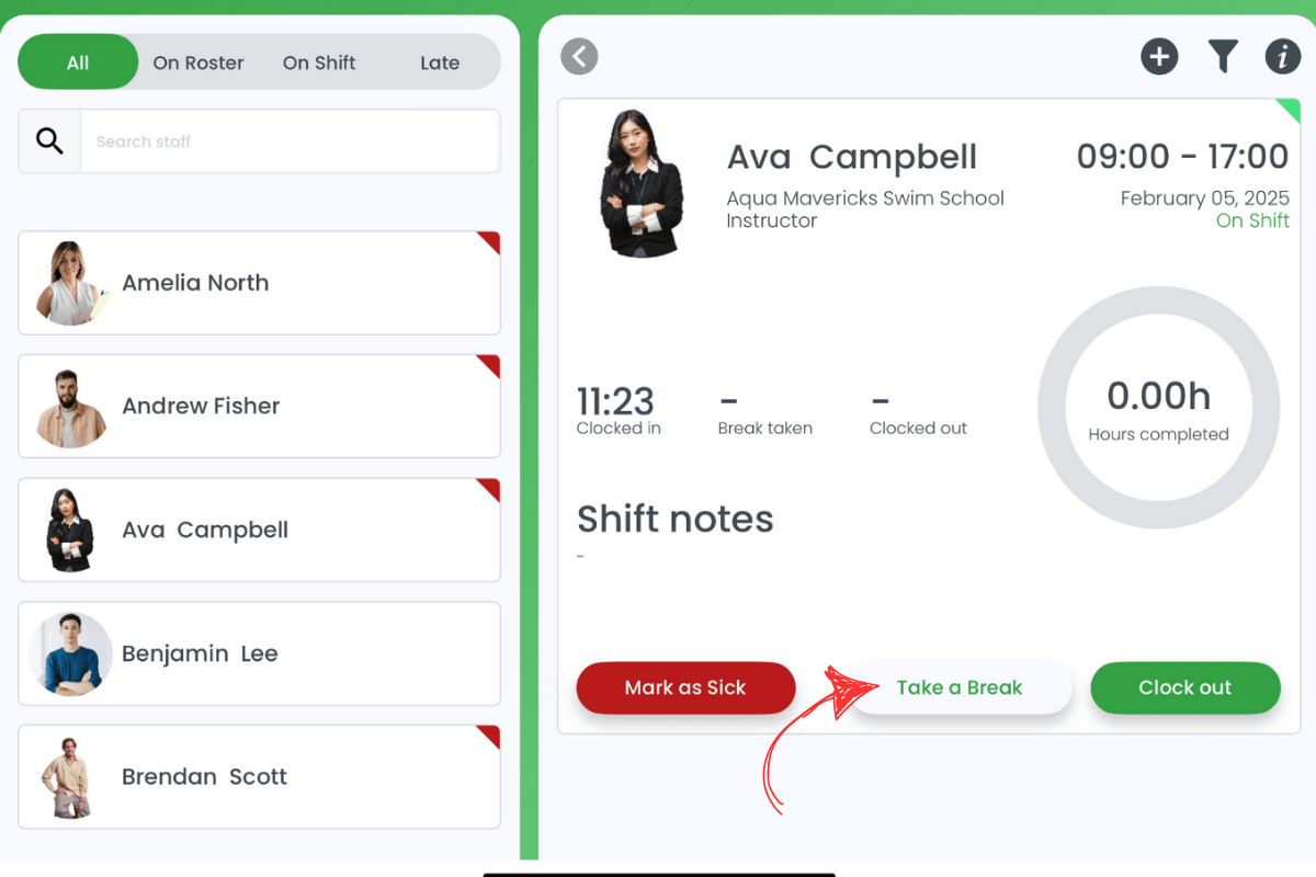 Take a break option on the RosterElf Time Clock screen
