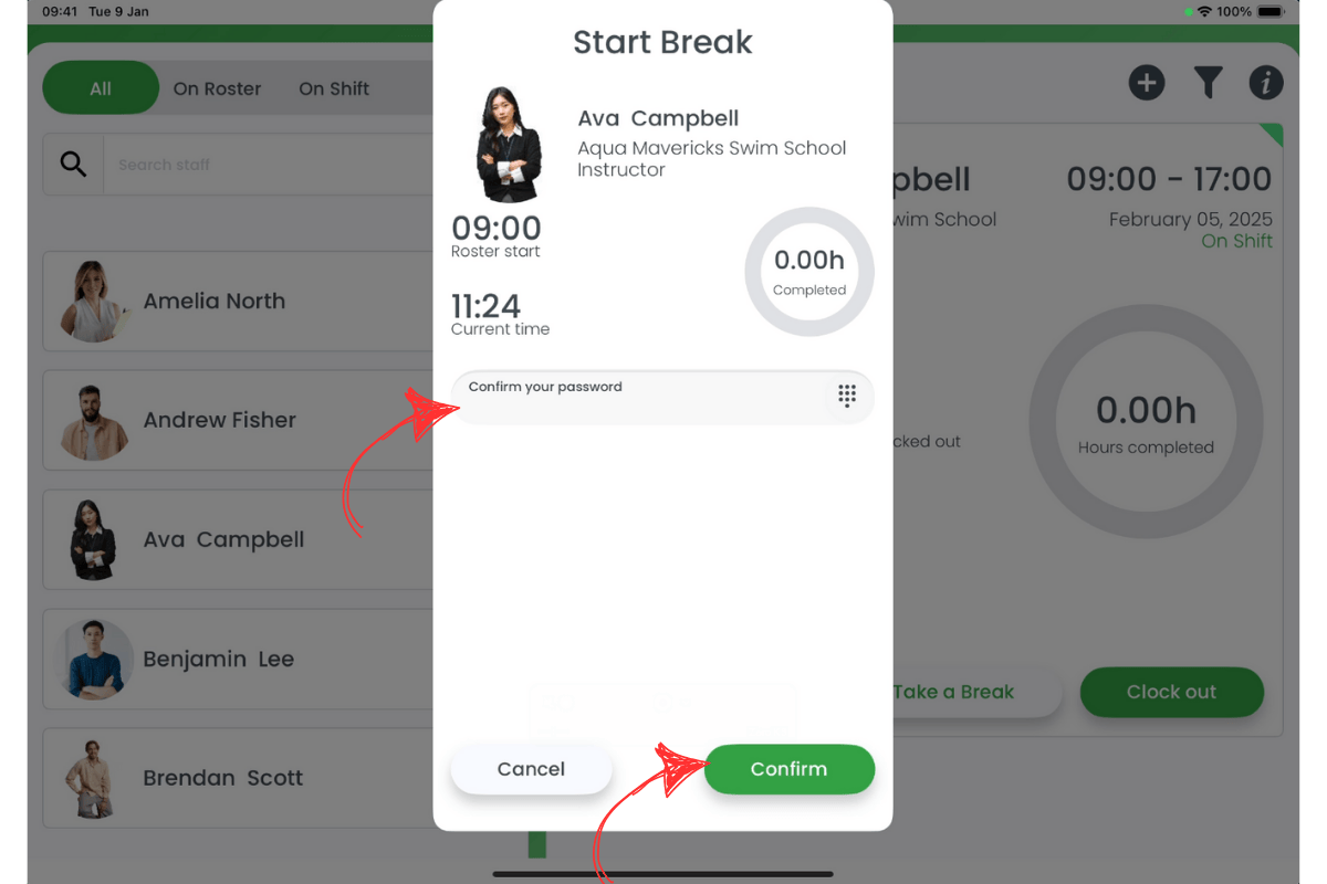 Modal to confirm starting a break by entering password