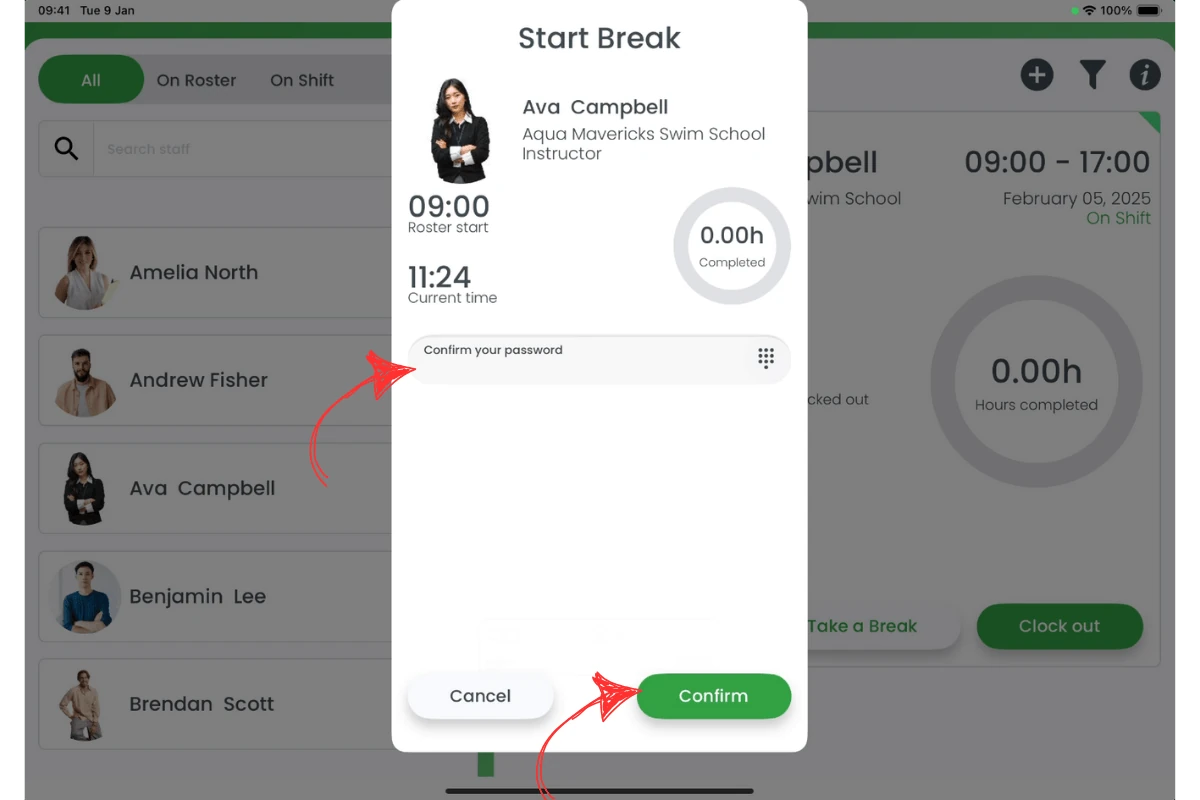 Modal to confirm starting a break by entering password
