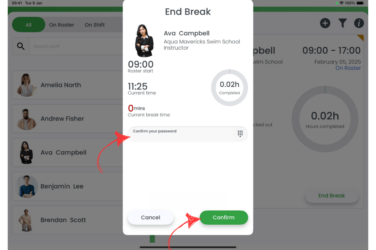 Modal to confirm ending a break by entering password